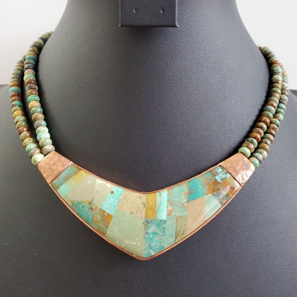 Copper Gold Turquoise Inlaid Native Necklace - Picture 6 of 9
